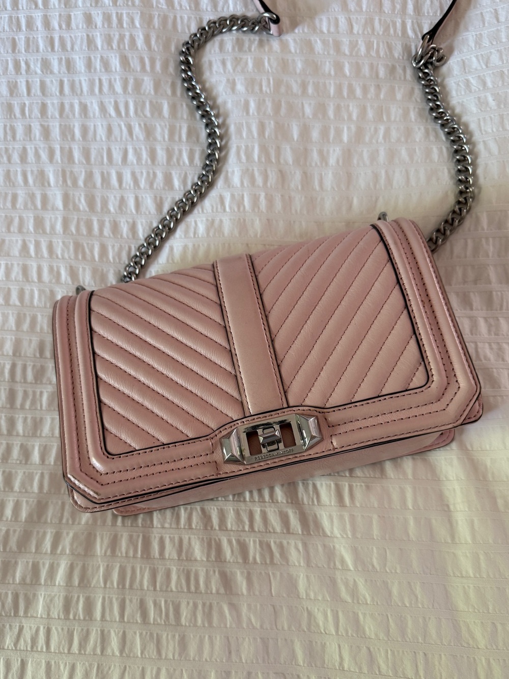 🌸 Rebecca Minkoff Love Crossbody – Peony / Blush Pink Quilted Leather